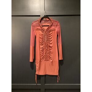 Roberto Cavalli long sleeve ruched mesh poster girl mini dress size 40 small